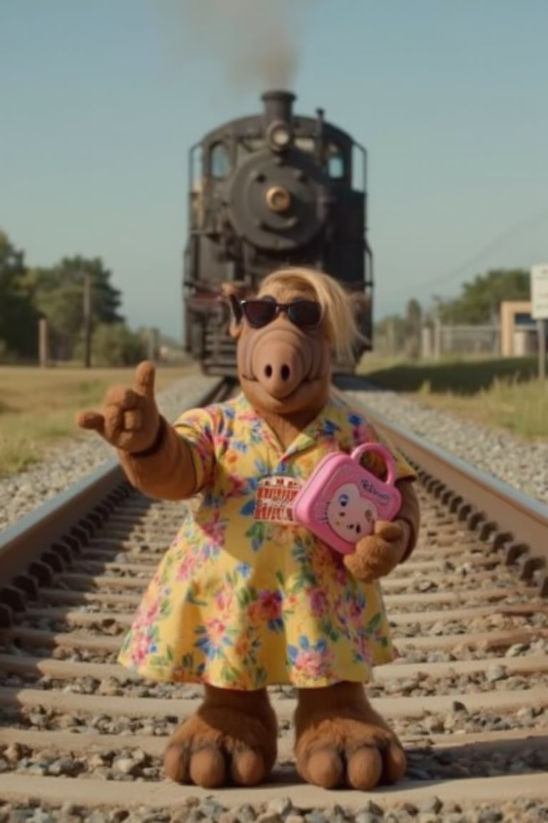 alfalf stands defiantly in the middle of a railroad, wearing a dress. Her dress sways in the breeze, he has a pink Hello Kitty lunch box in one hand. Behind him, a locomotive is approaching through the railroad. The midday sun casts sharp shadows.