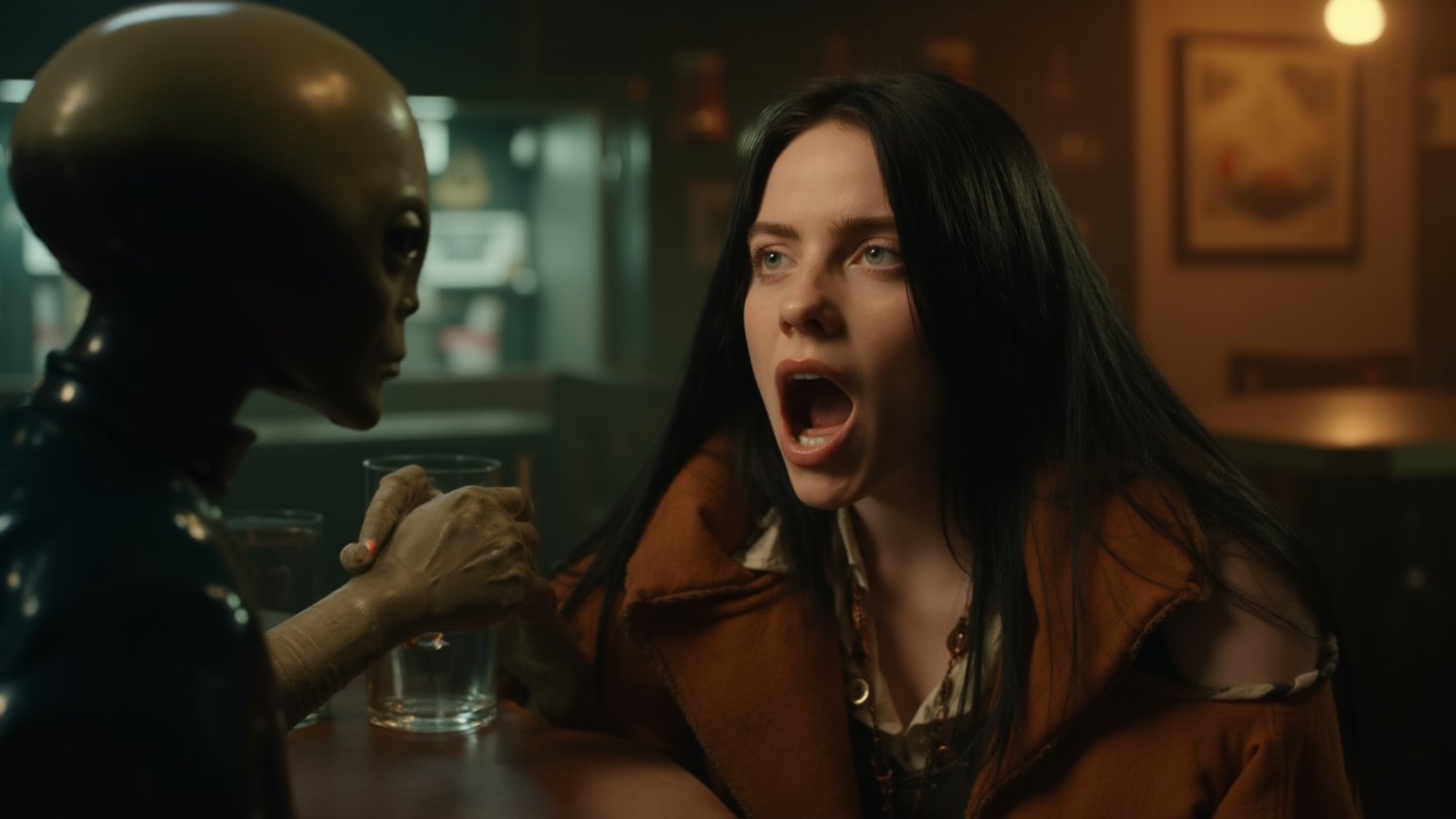 Ultra realistic close-up analog photo, depth of field, cinematic movie still, Billie Eilish yells at small grey big-headed aliens who are stealing cans of beer in an old dark village bar.