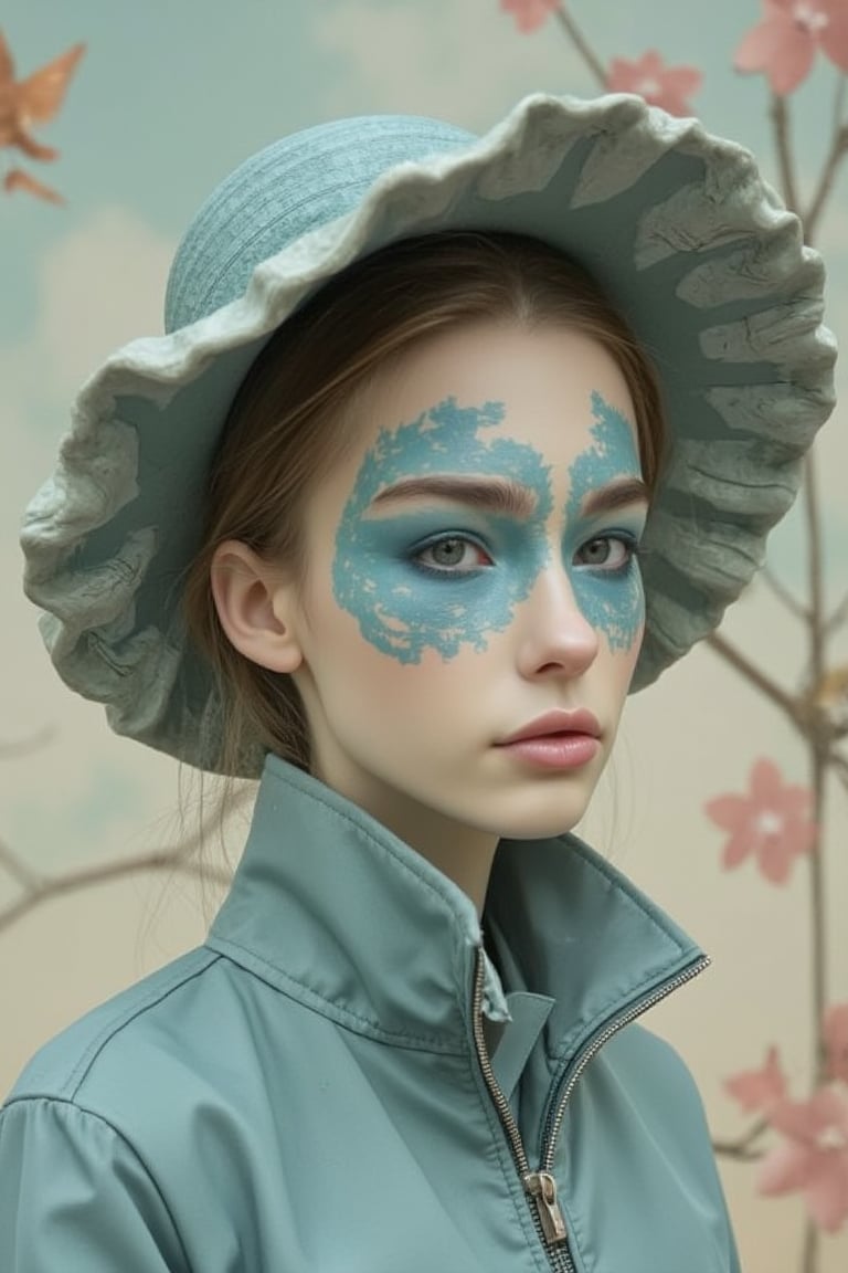 A mysterious spy with subtle blue camouflage on her face, in the style of delicate porcelain sculpting, elegant figures, timeless fashion, exquisite, made of mythical creatures, flowing forms, pastel-toned toning, Oliver Jeffers, surreal background,evamos