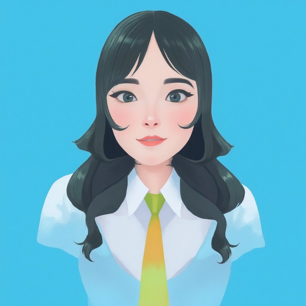 flat_art of portrait johaneli in black hair, wearing white shirt green tie , with yellow gradient on her tie,  blue background