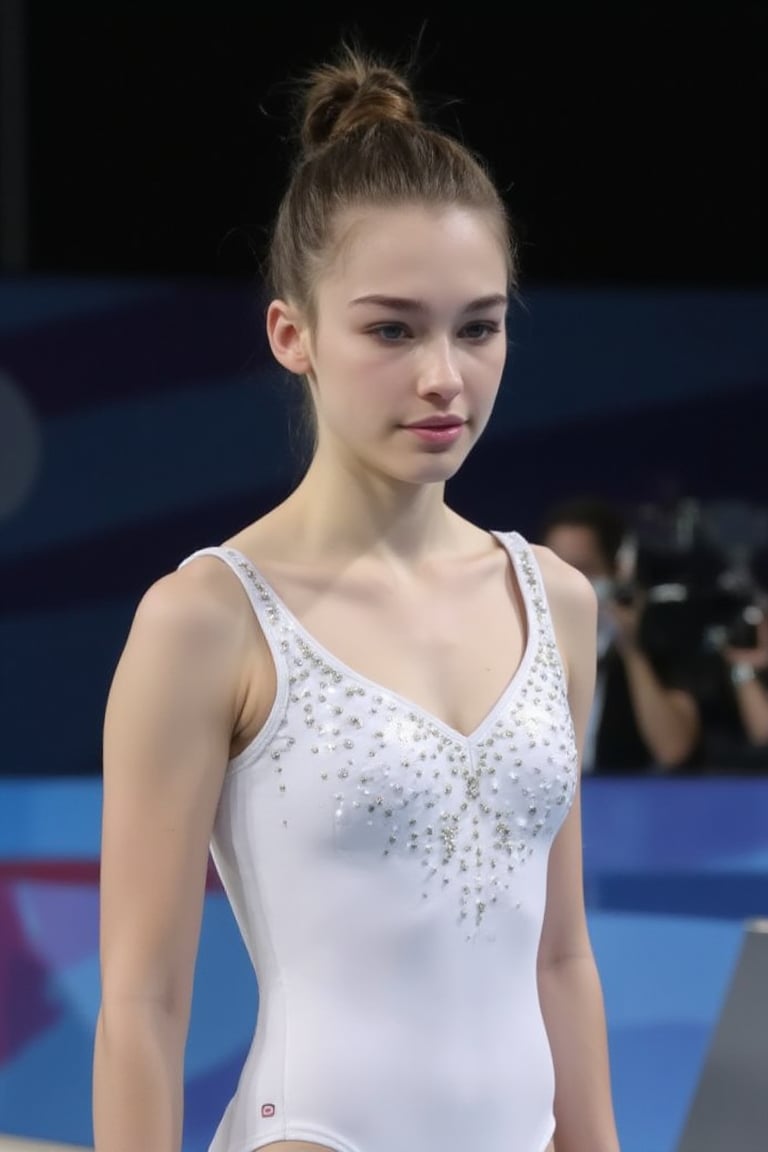 A  photograph of evamos wearing white gymnastics uniform, in an olympics event. Foreground. 