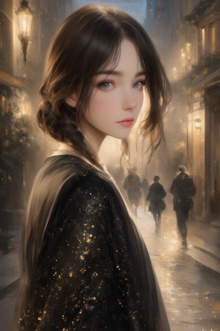 1girl, fine art parody, oil painting style, masterpiece quality, walking in victorian city, close up, stunning image, light particles. johaneli, perfect face, black hair, looking at viewer