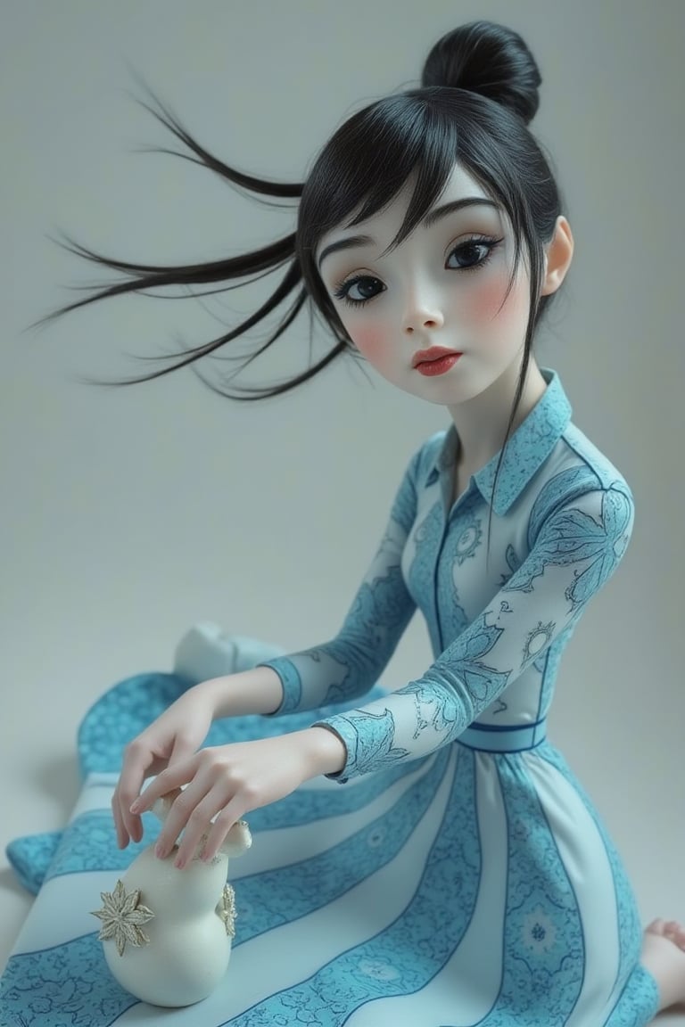 A mysterious spy, in the style of delicate porcelain sculpting, elegant figures, timeless fashion, exquisite, made of mythical creatures, flowing forms, pastel-toned toning, Oliver Jeffers, surreal background,johaneli, black hair,Fantasy detailers,Blue and white porcelain style,Fantasy detailers 