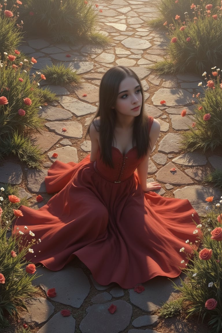 johaneli, black hair, sit on ground, (look up), (beautiful face:1.2), photorealistic, (looking at viewer), camera view from above, high angle, castle background, garden, flowers, flower surround, medieval, fantasy, devil may cry, final fantasy, sun light, ambient light, artistic, cinematic angle, wide flared dress, romantic, petals on the ground, feather flying, angel wings, bow head, emotional face, close eyes, choker, necklace, shoulder armor,