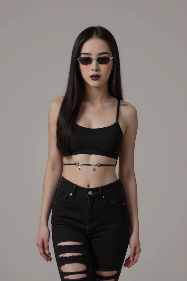 Half body Female goth with pale skin, long straight black hair, dressed in black ripped jeans with a black cropped tanktop, sunglasses, black lipstick, tattooed, tattooed face, tattooed body,luxury style,Perfect fashion, johaneli