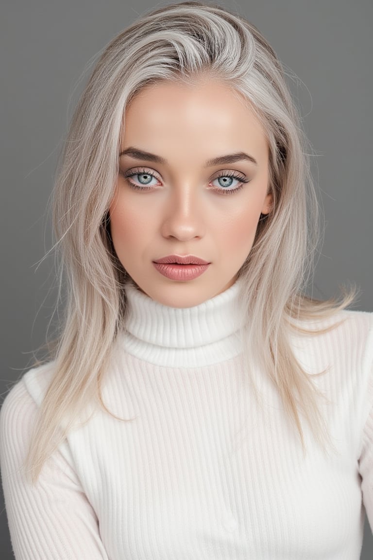 (Best quality, 8k, 32k, Masterpiece, UHD:1.2), portrait of a gorgeous natmar, posing for a fashion magazine white gloss lipstick, wearing a white turtleneck couture dress, white lipstick , ((Fancy white make up, white eyeshadow, long fancy eyeliner,)) face glitter, (platinum dyed straight hair), and attractive features, looking at viewer, eyes, eyelid, leashes, eyes contact, focus, depth of field, film grain, serious, ray tracing, sunset, ((contrast lipstick)), detailed natural real skin texture, perfect straight platinum dyed hairstyle ,visible skin pores, anatomically correct