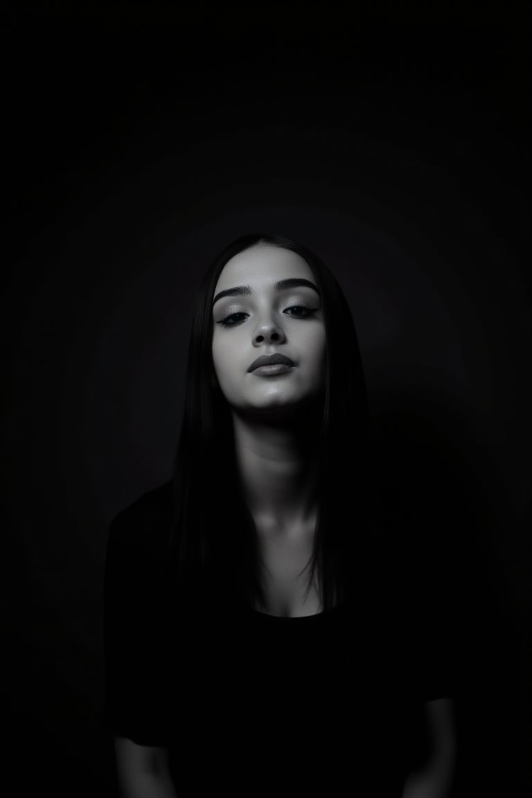 Photograph of johaneli, black hair, in the style of annie leibovitz, dark background, black and white, creative lighting, cinematic lighting