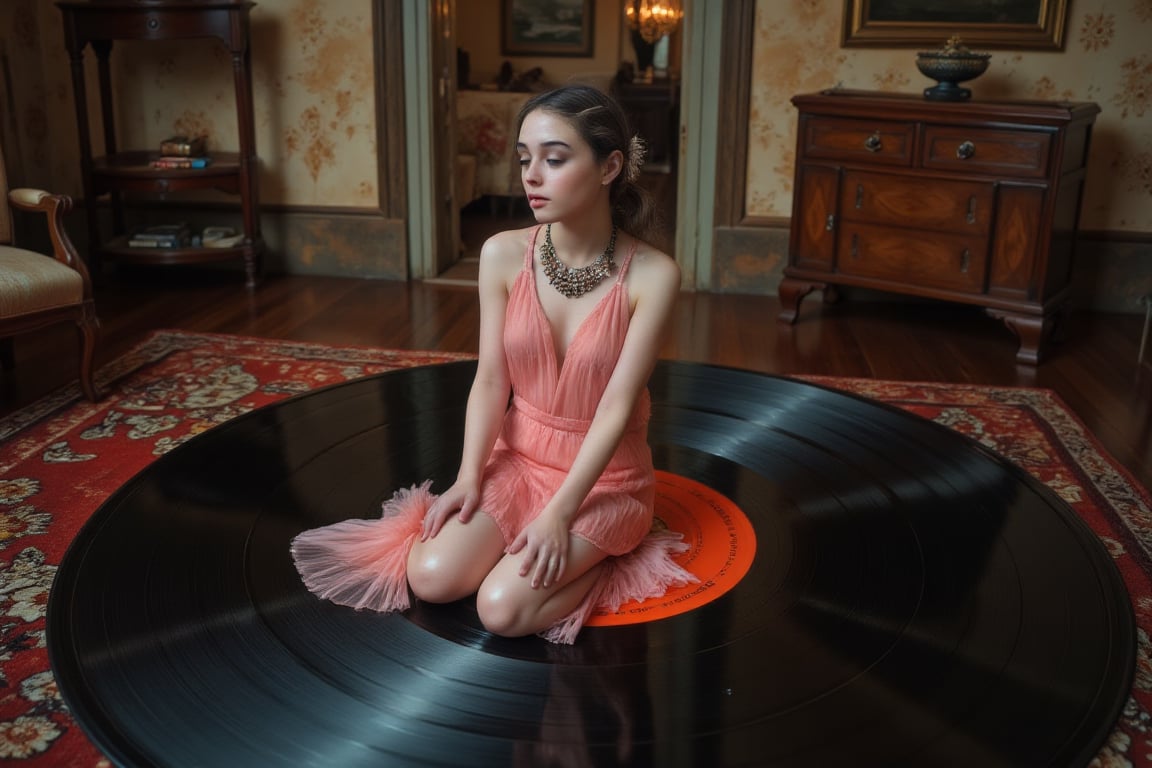 There's a giant vinyl record in the middle of a Victorian-style room. johaneli is sitting on the vinyl record, wearing a pink 1920s dress, barefoot. Very detailed face. Vintage style photography.