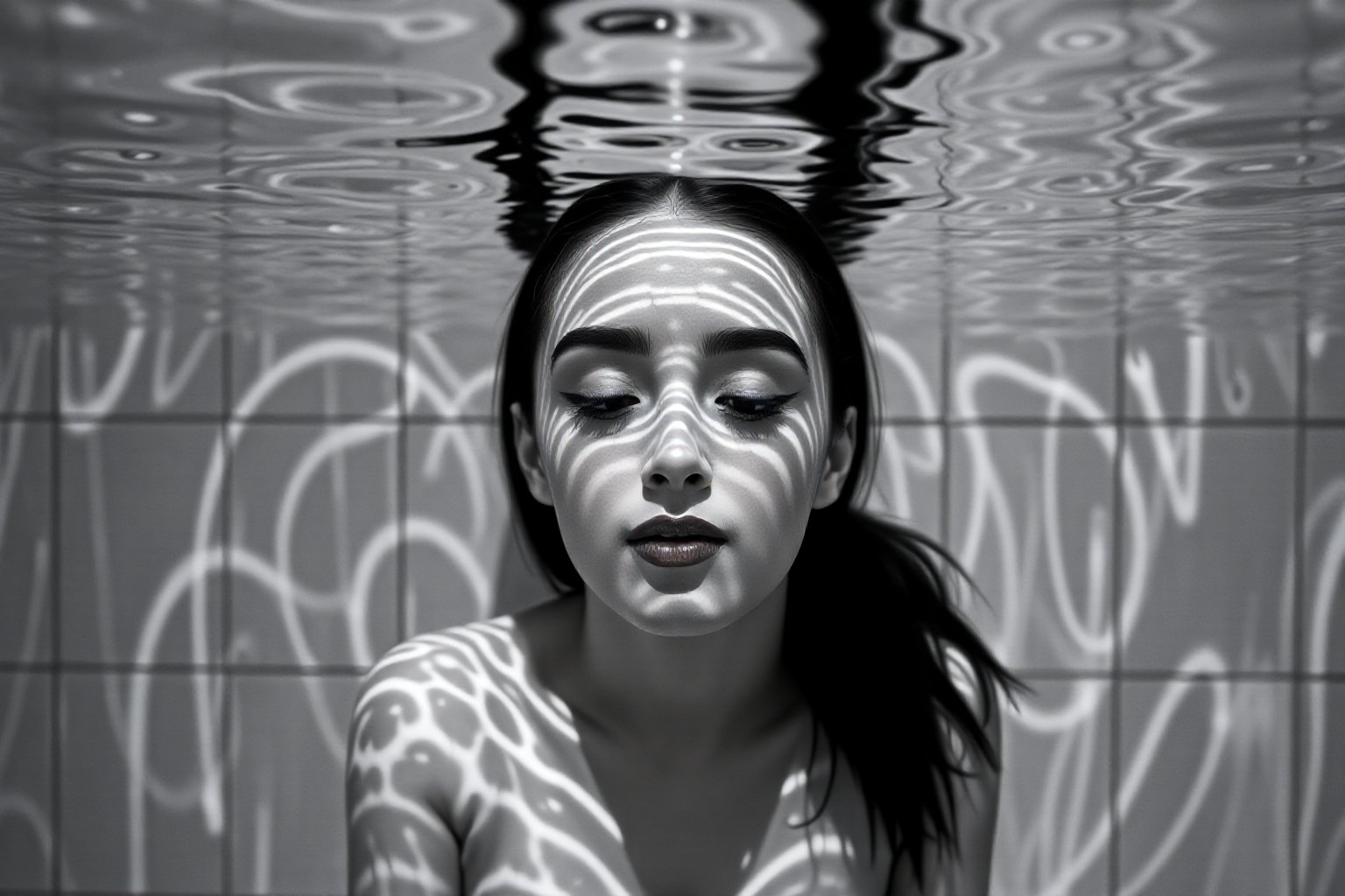 Black and White photo. Closeup shot of a serene and artistic underwater scene featuring a woman (johaneli, black hair) partially submerged in water. The water surface gently ripples above her head, creating intricate patterns of light and shadow on her face and body. Her eyes are closed, and her expression is peaceful and contemplative. The background is a tiled surface, blurred by the water, adding a sense of calm and isolation to the scene. The overall color palette is muted, with soft grayscale tones that enhance the tranquil, reflective atmosphere. The image captures the ethereal beauty of light and water interacting with human form, evoking a sense of introspection and quietude.