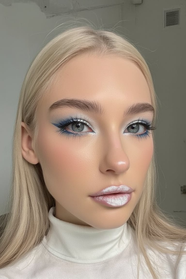 (Best quality, 8k, 32k, Masterpiece, UHD:1.2), portrait of a gorgeous evamos, posing for a fashion magazine white gloss lipstick, wearing a white turtleneck couture dress, white lipstick , ((Fancy white make up, white eyeshadow, long fancy eyeliner,)) face glitter, (platinum dyed straight hair), and attractive features, looking at viewer, eyes, eyelid, leashes, eyes contact, focus, depth of field, film grain, serious, ray tracing, sunset, ((contrast lipstick)), detailed natural real skin texture, perfect straight platinum dyed hairstyle ,visible skin pores, anatomically correct