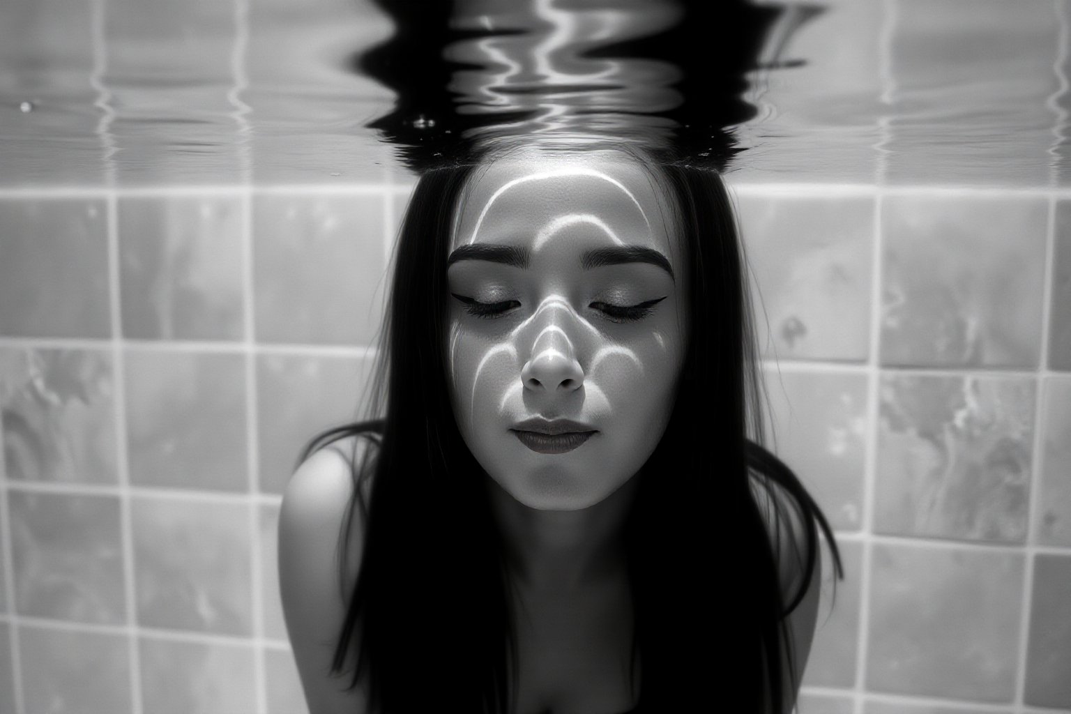 Black and White photo. Closeup shot of a serene and artistic underwater scene featuring a woman (johaneli, black hair) partially submerged in water. The water surface gently ripples above her head, creating intricate patterns of light and shadow on her face and body. Her eyes are closed, and her expression is peaceful and contemplative. The background is a tiled surface, blurred by the water, adding a sense of calm and isolation to the scene. The overall color palette is muted, with soft grayscale tones that enhance the tranquil, reflective atmosphere. The image captures the ethereal beauty of light and water interacting with human form, evoking a sense of introspection and quietude.