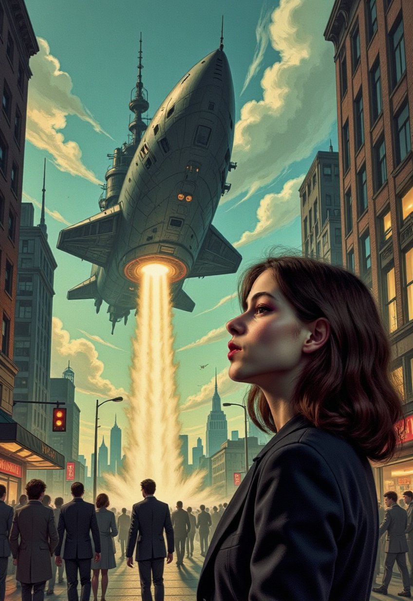   Old, Vintage: 1.2), (SF movie poster: 1.3), ((big title, LIFE IS ALOSS, subtitles: 1.3)), (a beautiful woman (gilliany), looks up at the sky in amazement, as she is shocked by a huge spaceship that looks like a battleship that appears in the sky: 1.2), New York, over Manhattan, the people are panicking, (eerie, shadow, gloomy, dark atmosphere: 1.1)