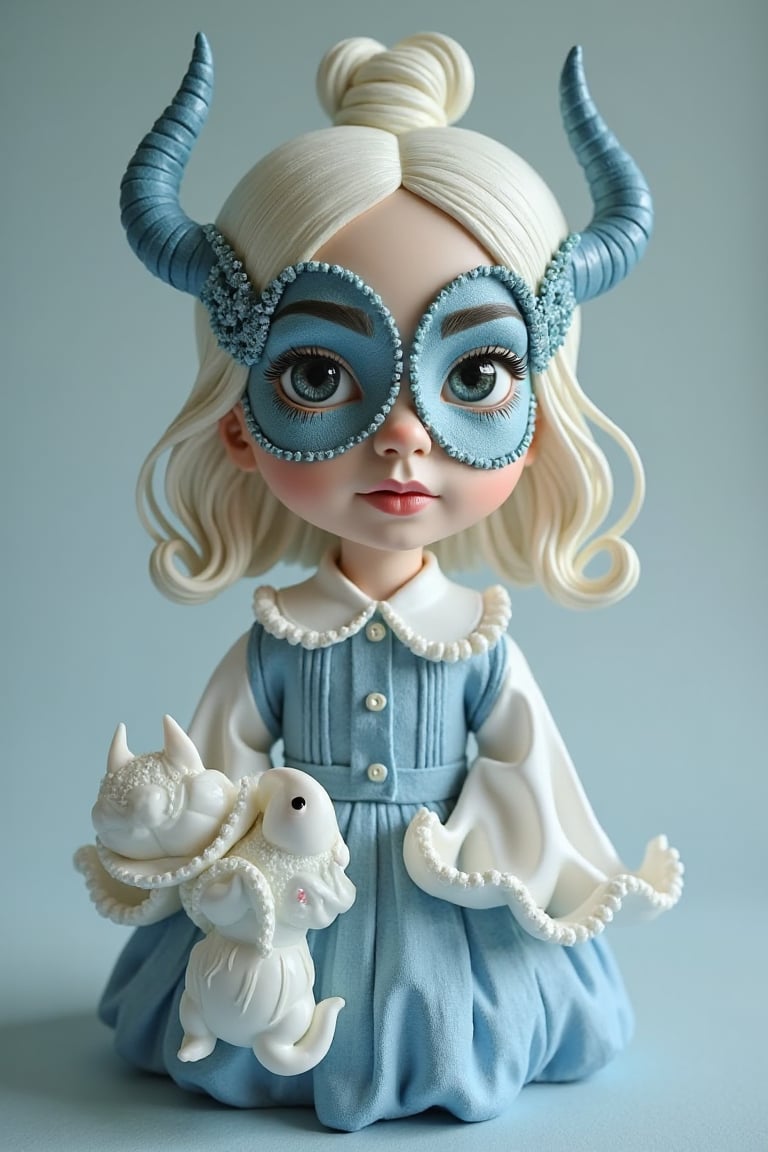 A mysterious spy with subtle blue camouflage on her face, in the style of delicate porcelain sculpting, elegant figures, timeless fashion, exquisite, made of mythical creatures, flowing forms, pastel-toned toning, Oliver Jeffers, surreal background,lilyco