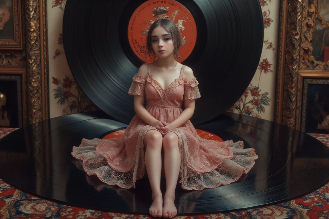 There's a giant vinyl record in the middle of a Victorian-style room. johaneli is sitting on the vinyl record, wearing a pink 1920s dress, barefoot. Very detailed face. Vintage style photography.