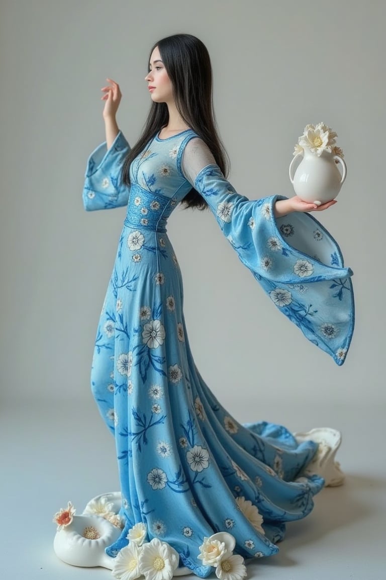 A mysterious spy, in the style of delicate porcelain sculpting, elegant figures, timeless fashion, exquisite, made of mythical creatures, flowing forms, pastel-toned toning, Oliver Jeffers, surreal background,johaneli, black hair,Fantasy detailers,Blue and white porcelain style,Fantasy detailers 