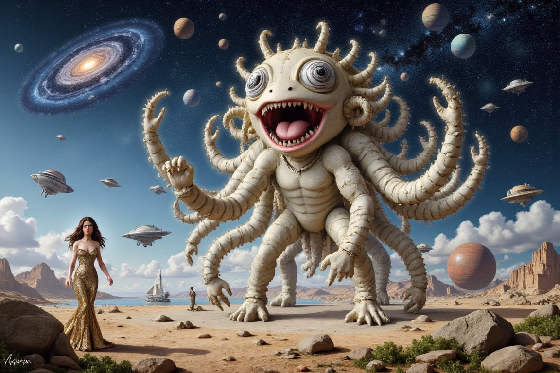 A highly detailed digital artwork in the style of surrealism, depicting an otherworldly, fantastical landscape. The scene is dominated by a colossal, humanoid creature with a gaping, toothy mouth and multiple, tentacle-like limbs emerging from its torso. The creature's skin is a pale, metallic beige, and it has large, bulbous eyes with swirling, cosmic patterns. Surrounding the creature are numerous smaller, spherical spaceships and floating orbs, adding to the surreal atmosphere.

In the background, a vast, starry sky with a deep blue gradient transitions into a lighter blue at the horizon. The sky is dotted with numerous planets and stars, including a prominent, glowing, spiral galaxy. The ground is a barren, rocky terrain with scattered boulders and sparse vegetation.

In the foreground, a woman (lilyco, black hair) is standing alone, wearing a fancy golden night dress. 

The overall scene is rich in texture and detail, with intricate patterns and shadows adding depth and a sense of realism to the fantastical elements. The artwork combines elements of science fiction and surreal