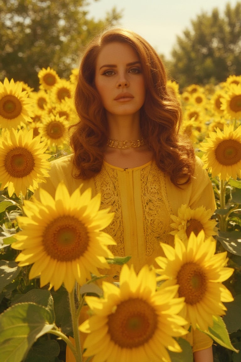 lanadelrey, in a sunflower garden, calid light