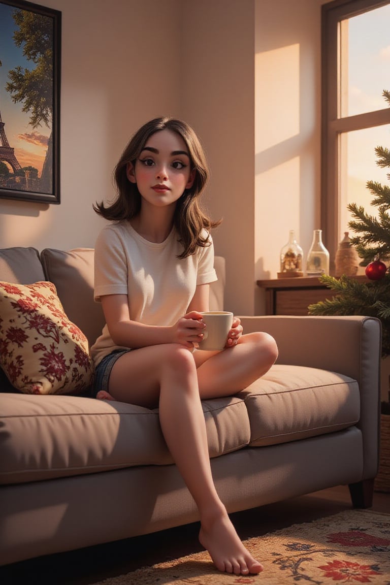 A stunning illustration of a living room with a sofa. The walls are adorned with a canvas painting of paris. A beautifully decorated Christmas tree is in the corner, and pillows are scattered on the sofa. A woman (johaneli, black hair, ponytail) is sitting on the sofa, holding a steaming cup of coffee. Wearing denim shorts, barefoot. The sunset sun is shining through the window, casting a warm glow on the room. The image is of the highest quality, with intricate details, cozy, comfortable, front view,