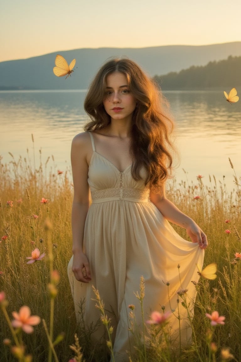 gilliany, brown hair, with flowing hair stands in a tranquil meadow at golden hour. Soft sunlight filters through misty air, casting a warm glow on wildflowers and tall grass. In the background, a crystal-clear lake reflects the pastel sky. The girl's expression is serene, her dress billowing gently in the breeze. Ethereal butterflies flutter nearby, adding a touch of magic to the scene. Photorealistic rendering, cinematic lighting, harmony of nature and human presence., noc-fantasy,