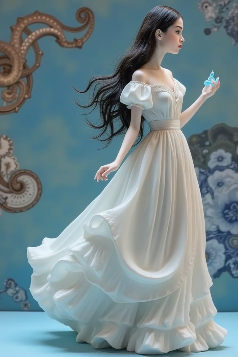 A mysterious spy, in the style of delicate porcelain sculpting, elegant figures, timeless fashion, exquisite, made of mythical creatures, flowing forms, pastel-toned toning, Oliver Jeffers, surreal background,johaneli, black hair,Fantasy detailers,Blue and white porcelain style,Fantasy detailers 