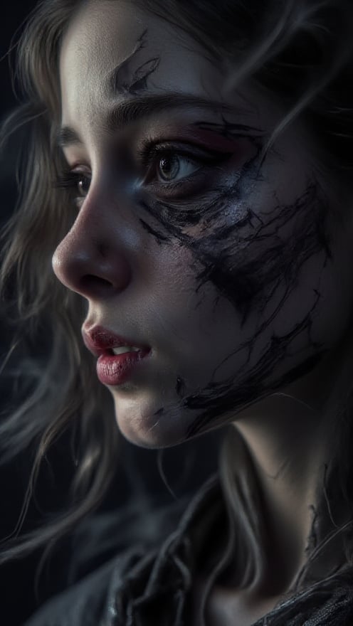 In this cinematic masterpiece, a phantasmagorical woman's silhouette materializes against a backdrop of black on white smoke layers, bathed in vibrant neon glow. Her anime-inspired portrait radiates sadness and menace, with intricately detailed features that seem to leap from the canvas. Her eyes, pools of crystal clear clarity, convey depth of sorrow and calculation. Finely detailed, ultra-detailed, high-res, absurdly resolute, her cute delicate face is framed by cinematic lighting, casting a best shadow. Beautifully detailed nose complete the portrait. The air thick with horror and nightmare fuel as this sadistic woman's form seems to writhe in agony, her existence a testament to blurred lines between sci-fi fantasy and darkest reality.