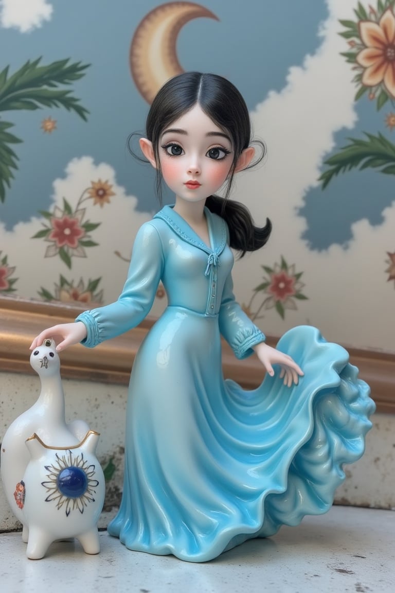 A mysterious spy, in the style of delicate porcelain sculpting, elegant figures, timeless fashion, exquisite, made of mythical creatures, flowing forms, pastel-toned toning, Oliver Jeffers, surreal background,johaneli, black hair,Fantasy detailers,Blue and white porcelain style,Fantasy detailers 