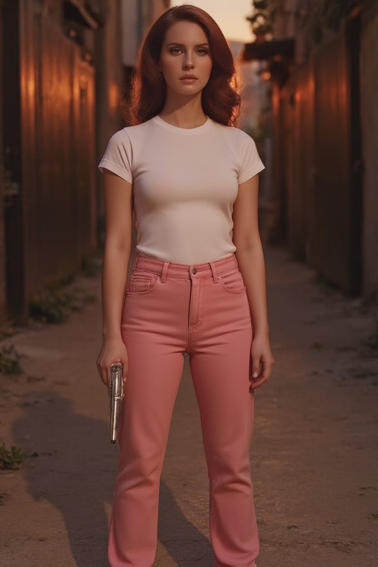 A girl stands confidently, her piercing gaze directed straight into the camera's lens as she holds a silver Colt pistol firmly in both hands. The pink tight trousers are scandalously short, accentuating her toned legs. A crisp white T-shirt provides a striking contrast to the dark alleyway behind her, where the setting sun casts a warm orange glow at dusk. Her bold pose and intense focus on the viewer create a sense of tension and empowerment.,lanadelrey