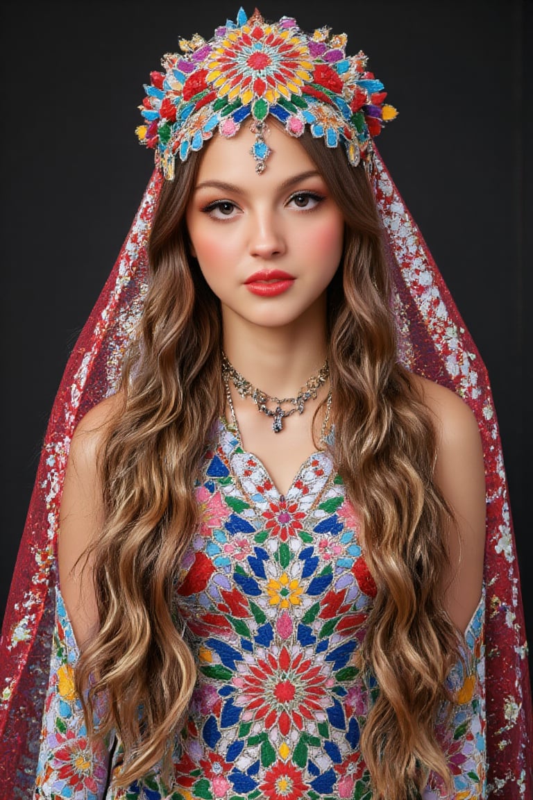 Kitsch maximalism fashion style, olirod, long beautiful colorful candy hair, black eyes, perfect beauty, wearing a beautiful traditional Tajik bridal costume.The luxurious dress is intricately embroidered in gold and red and is very colorful. full of happiness,
,emo,hubggirl,(Rainbow haired girl:1.3),Midjourney_Whisper,Made of adrr-zllj