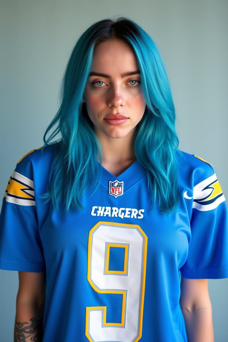  This image is a highly detailed, realistic portrait photography of Billie Eilish (woman, blue hair), (medium shot), wearing a Los Angeles Chargers jersey.