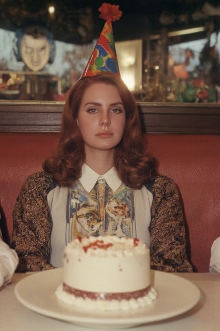 RAW photo 
lanadelr in the center wears a party hat and is seated at what appears to be a booth in a diner. Her expression is blank or slightly displeased, as though she is not enjoying the celebration.

Setting: photo take in an indoor setting, a diner or casual restaurant, with the booth seating and tables. This picture is taken in a vintage atmosphere, likely from the mid-20th century.
Era: the images are likely from the 1960s to 1970s, leaning towards a retro aesthetic with accompanying clothes, hairstyles, and color tones from that era. 
Perspective: The perspective is straightforward, with medium close-up shots of the individual sitting in front of birthday cakes. The camera focuses on their facial expressions, centering them within the frame.
Scene: the scene represents a birthday celebration, but the mood is melancholic or indifferent, a stark contrast to the festive atmosphere usually associated with birthdays.
Camera & Lighting: The images appear to have been shot on film, likely with a mid-century camera. The lighting seems natural or minimally artificial, with no harsh shadows, creating a soft but slightly muted vintage look.
flfmt