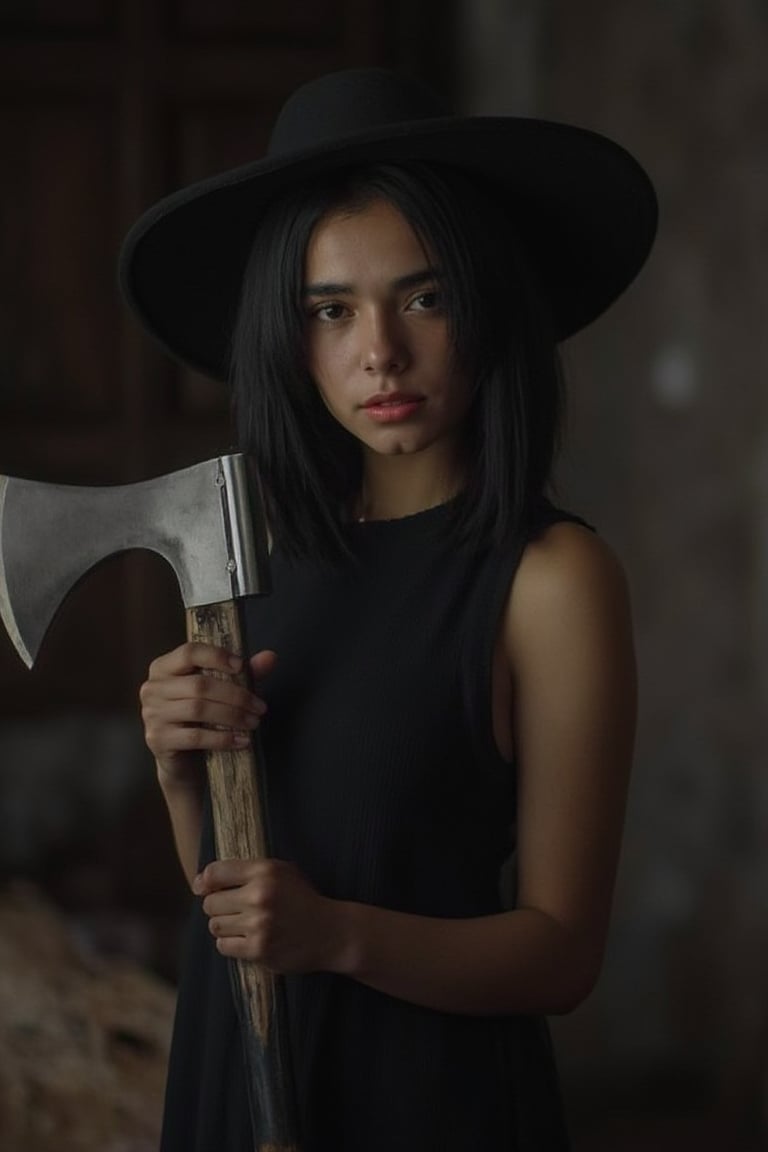 babychola (woman), black short hair, poses in the movie tagatha, with a hat on her head, an ax in her hand, her eyes focused forward, movie light and shadow, black tone