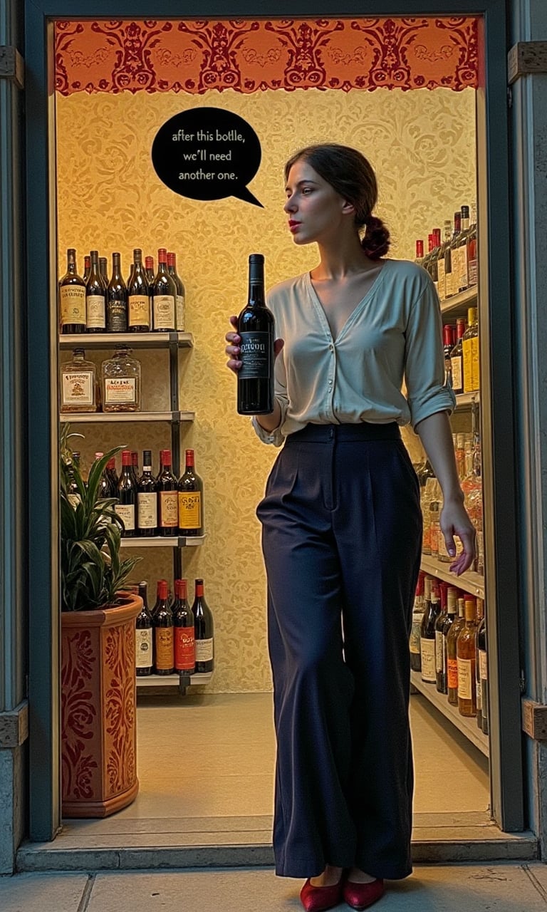 A woman (gilliany)  holding a bottle of wine standing next to the liquor store. A Cubist scene where human figures and objects are transformed into sharp geometric fragments. Each element is viewed from multiple angles at once, deconstructing the entire scene into non-linear, angular forms. Collage of intersecting planes and sharp contrasts. Highly complex, multi-dimensional composition that rejects traditional depth and realism, and emphasizes the chaotic yet calculated nature of high Cubism, Futurism and Purism. There's a whisper bubble text that says: "after this bottle, we'll need another one"