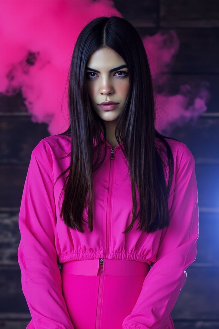 Real person. Capture a dynamic shot of naimav in radiant pink outfit. Hyper detailed face features. The bold fashion sense is amplified by the photorealistic style, showcasing unique persona: long black hair accentuating her confident pose. Framed against a dark, neon background, the girl exudes youthful energy and K-POP charisma. Stage and smoke on the background