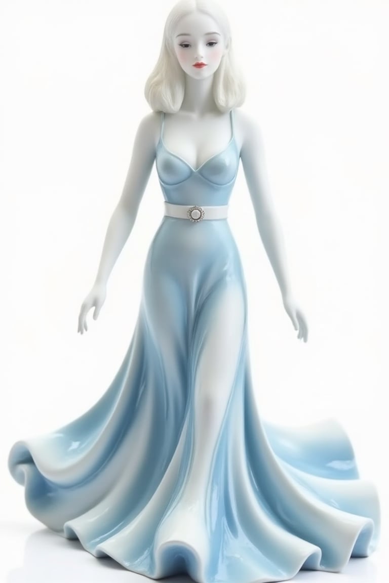 ((Medium shot)) A stunning model, in the style of delicate porcelain sculpting, elegant figure, timeless fashion, exquisite, flowing forms, pastel-toned toning, white background,johaneli,Blue and white porcelain style (close up)