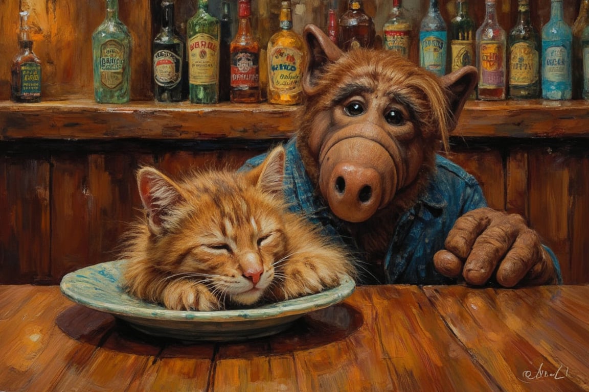 Oil painting of a plate with a sleepy kitten on it, in a bar, alfalf looking at the plate. ilaian_maestro