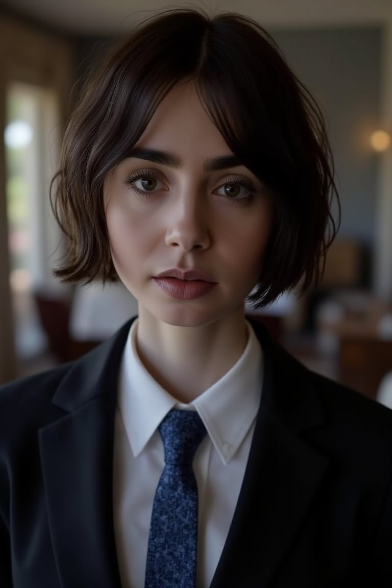 Masterpiece, 8k, hdr, best quality, (highly detailed skin), photography, analog style, real life, extremely beautiful, (highly detailed, intricately detailed), ray tracing, (dramatic lighting), (alluring eyes), 
Gorgeous woman (lilyco), short black hair, brown eyes, pale skin, wearing an elegant black suit, white shirt and blue tie. (Medium shot)