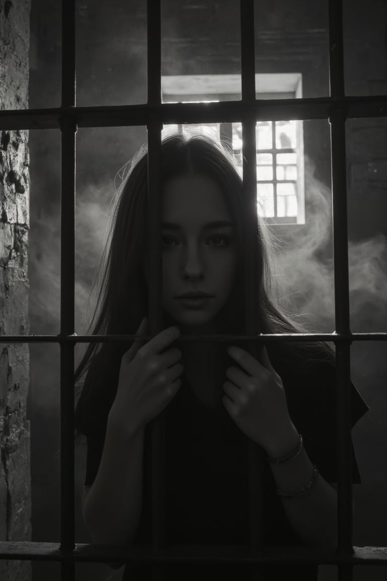 A DSLR-quality, highly detailed photo of a woman (evamos) standing behind prison bars, pulling on the bars. Black and white beautiful photography. Lights and shadows on her face. She is sad. Cinematic lighting creates dramatic shadows and highlights, enhancing the eerie atmosphere. Beautiful atmospheric light filters through the bars, adding a surreal, haunting quality to the scene. Haze. 