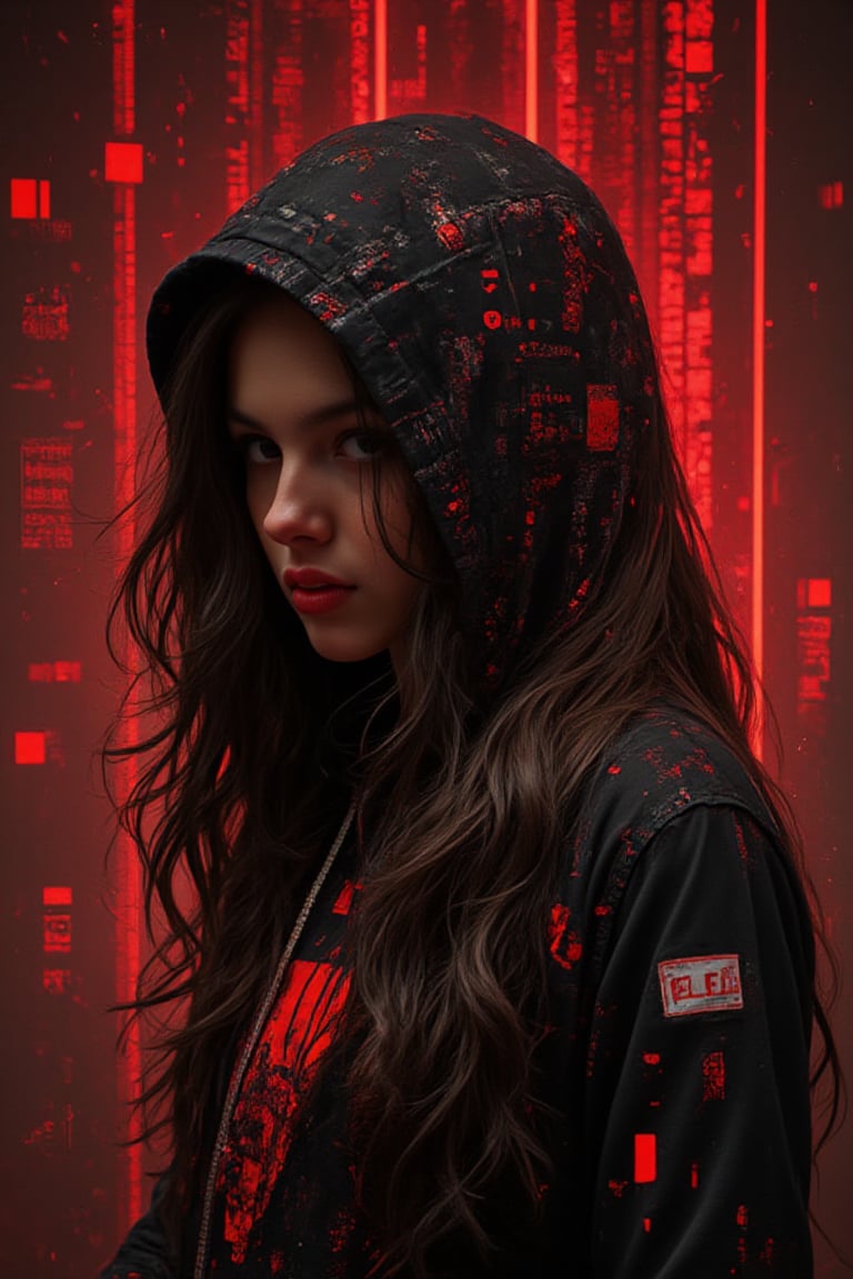 Photorealistic photography of a cyberpunk hacker, a female hooded figure with black hair, surrounded by floating red digital code, disintegrated by the red digital binary code in a dark, futuristic setting,PatternMix,FluxBoost,olirod