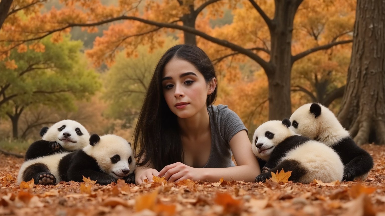 Create a photorealistic image of a woman lying peacefully with pandas on a bed of fallen leaves. The scene is set in a serene forest, with the vibrant autumn foliage contrasting with the android's ethereal form and the playful, gentle pandas, johaneli, black hair