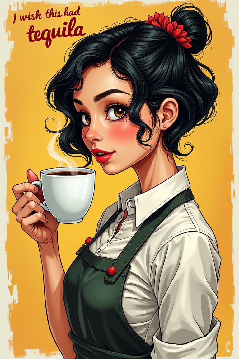 commercial poster, a young female barista, with a cup of coffee, bilss vibes, beautiful typography of  "I wish this had tequila", stylized, intricate, detailed, artistic, text-based, paper texture, printed on paper, lilyco, black short hair