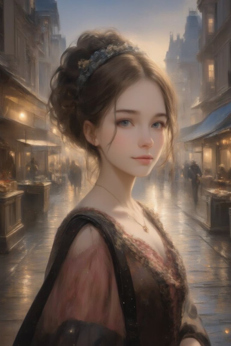 1girl, fine art parody, oil painting style, masterpiece quality, walking in victorian city, close up, stunning image, light particles. evamos, looking at viewer