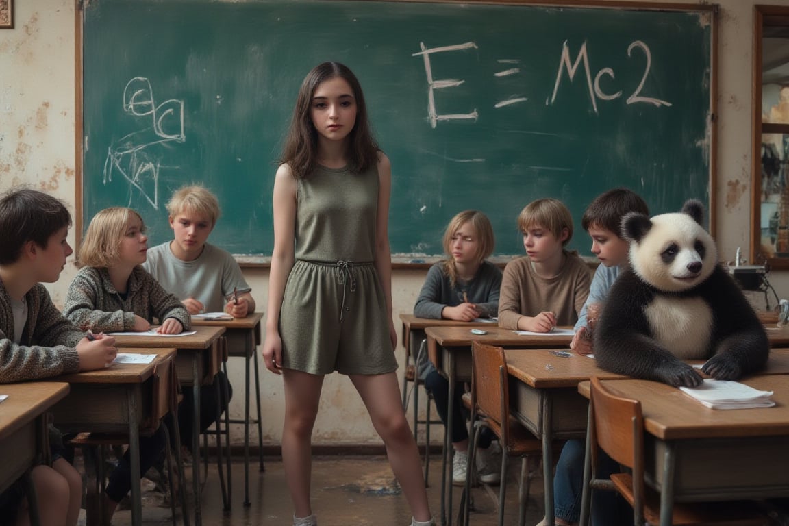 There is a clasroom. Students are sitting at their desks. The students are koalas and pandas. The teacher is gabbiecar. Very detailed face. There is a blackboard. In the blackboard is written the text "e=mc²"