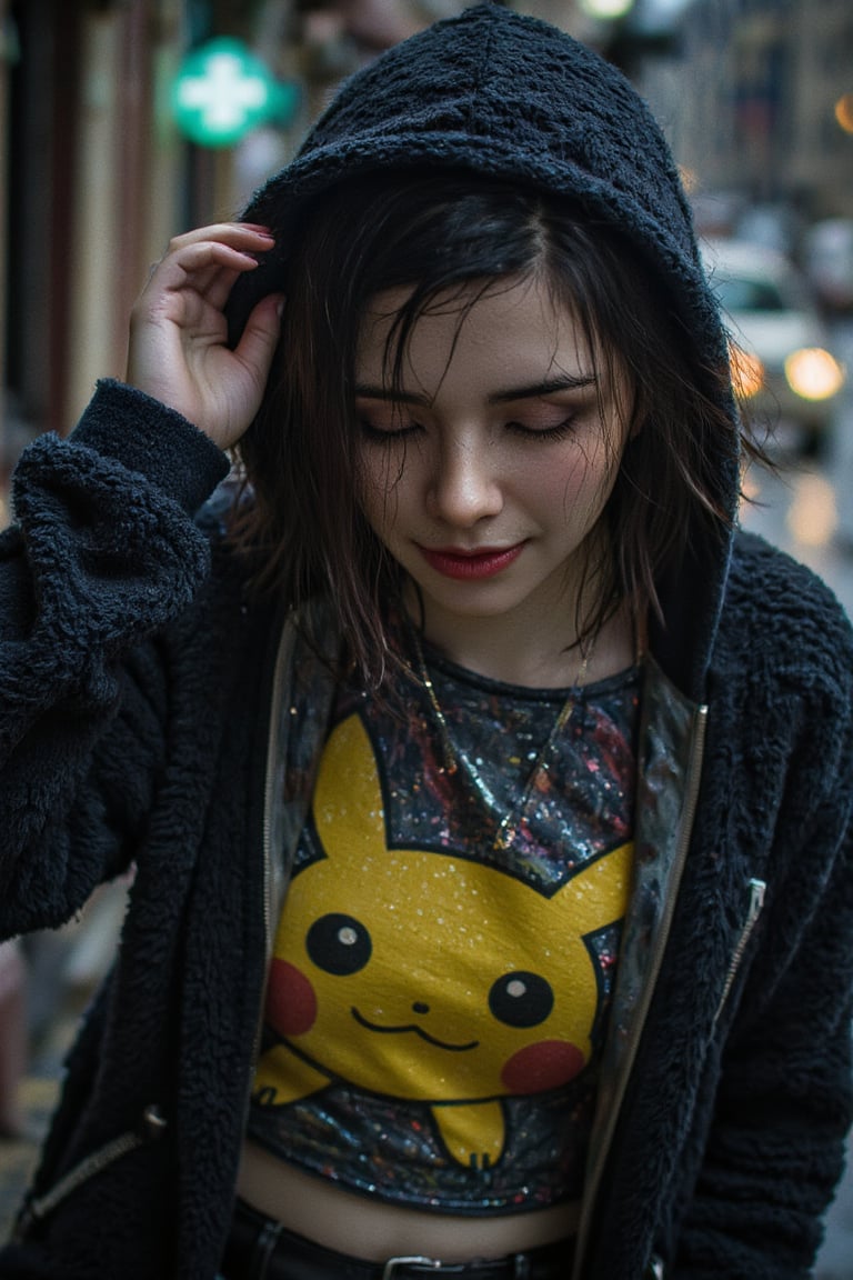 Extreme realistic depiction of a Wet Beauty Under Night Rain, in upper body shot, inverted bob hair,  hair over one eye,  extremely wet, realistic wet skin texture, realistic wet clothing heavy rain, realistic fabric texture, casual shirt and a pikachu hooded jacket,  crop top, adjusting her wet hair, head tilted slightly down. emely

Show a few wet hair flyaways around her face, catching the light and adding a natural, slightly messy look.detailed iris patterns in her eyes, with subtle color variations and a bright highlight,

Leaning forward slightly with one hand extended outwards, palm open, looking straight ahead.

 One hand resting lightly on her chest, the other holding her hood, looking down with a soft smile.,Midjourney_Whisper