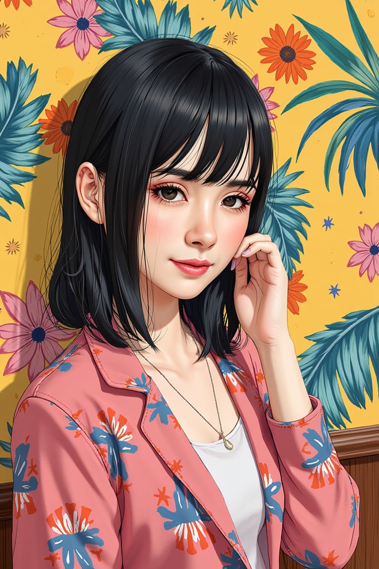 (best quality, masterpiece, ultra-detailed, 8K, UHD), a vibrant digital illustration featuring a young beautiful woman (emely) leaning against colorful wall printed botanial patterns at pop-style Private Rooms,kind smile,bangs,messy short-bob,detailed realistic clothes,soft tone,