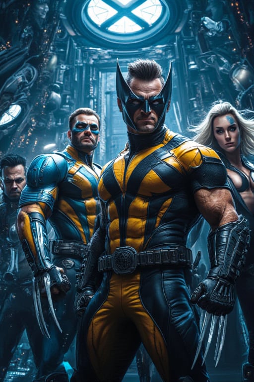 High definition, photorealistic image of X-Men characters (Wolverine, Storm, Cyclops, and Jean Grey) inside a high-tech mutant training facility, steampunk style, ultra detailed, 8k resolution. The facility is filled with advanced technology, training equipment, and holographic displays. Cinematic lighting and HDR effects highlight the diverse powers and unique costumes of each character, with a focus on the intense and dynamic energy of the scene."