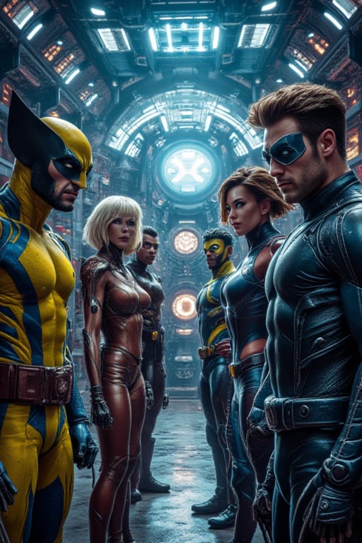 High definition, photorealistic image of X-Men characters (Wolverine, Storm, Cyclops, and Jean Grey) inside a high-tech mutant training facility, steampunk style, ultra detailed, 8k resolution. The facility is filled with advanced technology, training equipment, and holographic displays. Cinematic lighting and HDR effects highlight the diverse powers and unique costumes of each character, with a focus on the intense and dynamic energy of the scene."