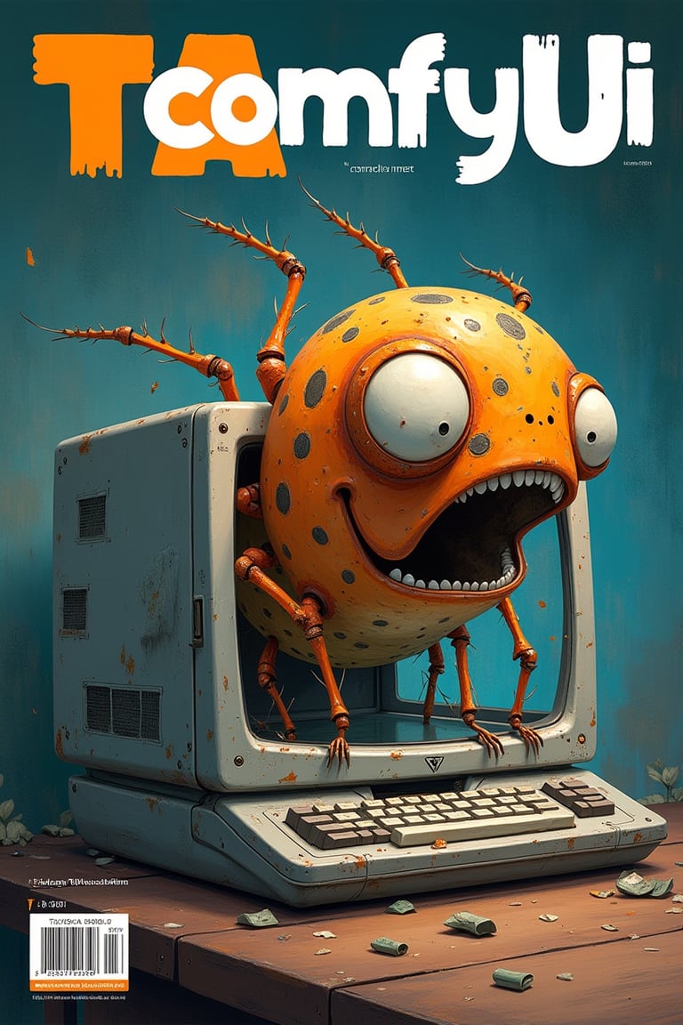 Magazine cover with title text(((“ TA ComfyUI bugs"))), caricature of damaged computer as cover Realistic , modern (((Realistic  style)))