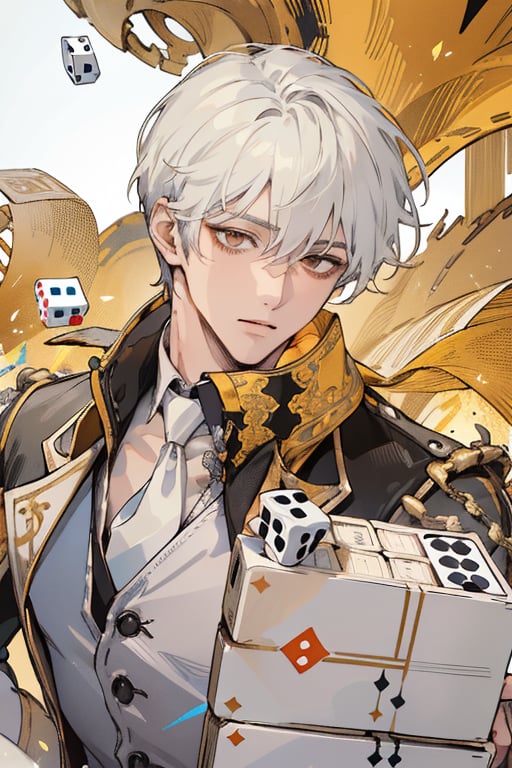 ((masterpiece, best quality, handsome, very aesthetic)), perfect face, 1boy, male_focus, white hair, short straight hair, cool haircut, brown eyes, black jacket, white shirt, black necktie, (close up), eyes closing,  dark background, 8k, illustration,more detail XL, ((falling dice rolls:1.2)), by redice studio, solo levelling, handsome eyes, 