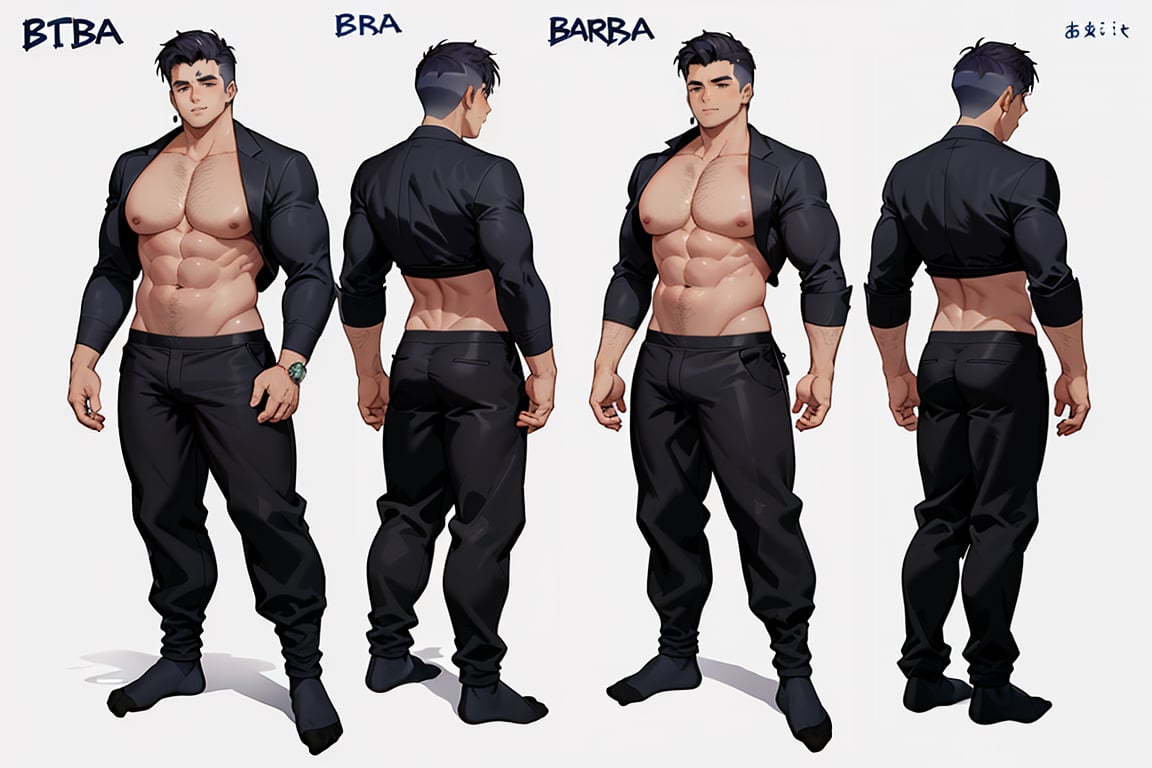 ((1boy, single, character_design, turnaround)), (hunk:1.4, stocky:1.2), ((Suit)), black cotton socks, ((long pants)), (bara:1.2), (shota:0.25), buzz_cut, full body shot, ((cool, cute, awesome)), (front_view), (cool_face:0.8), (confident_look, prideful, male_focus)