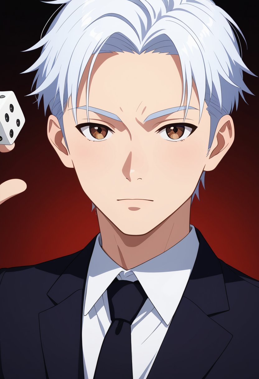 ((masterpiece, best quality, handsome, very aesthetic)), perfect face, 1boy, male_focus, white hair, short straight hair, cool haircut, brown eyes, black jacket, white shirt, black necktie, (close up), looking at viewer, dark background, 8k, illustration,more detail XL, ((falling dice rolls:1.2)), by redice studio, solo levelling, handsome eyes, ((poker cards flying in the air:0.5))